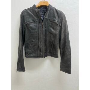 VTG American Eagle Distressed Jacket Brown Moto Cafe Genuine Leather Biker Y2K
